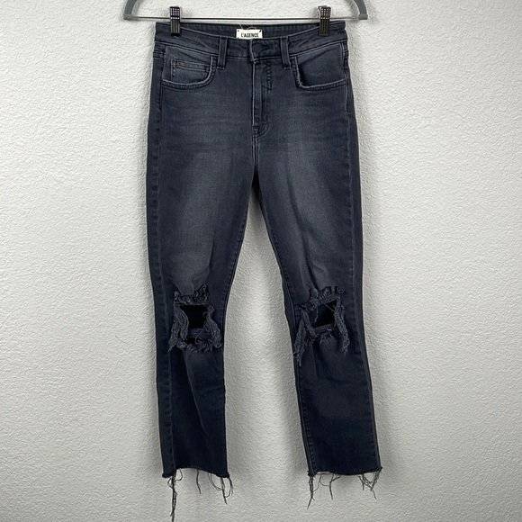 L’Agence Audrina Straight High Rise Jeans Vintage Black Worn Distressed 25 - Picture 4 of 15